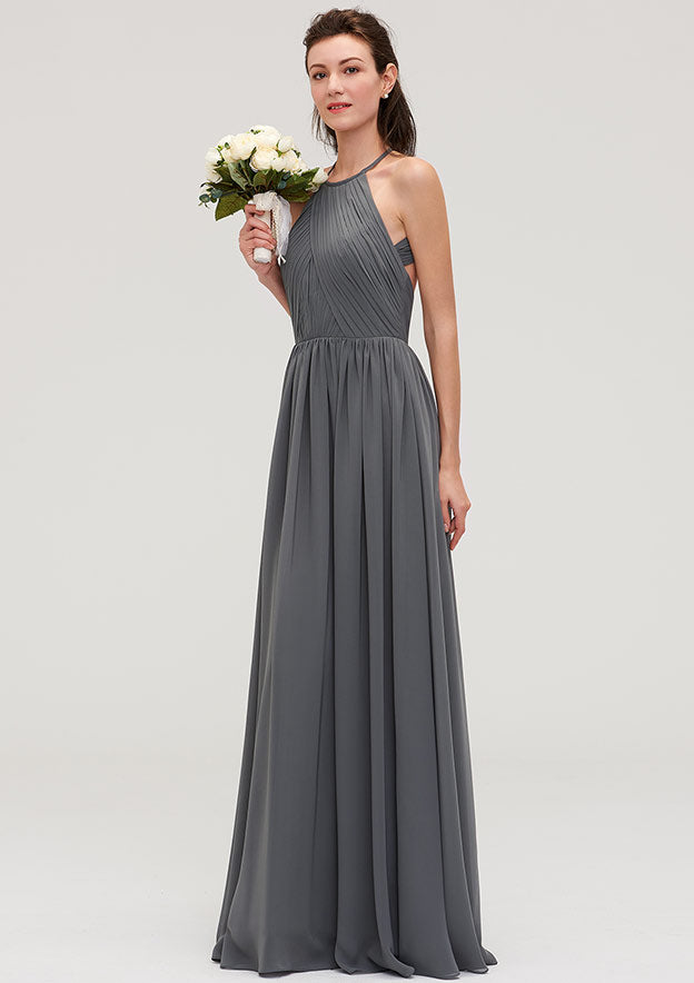 Floor-Length Chiffon Bridesmaid Dress, A-Line/Princess Cut, Halter Neck, Sleeveless, With Pleats BM bride