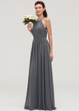 Floor-Length Chiffon Bridesmaid Dress, A-Line/Princess Cut, Halter Neck, Sleeveless, With Pleats BM bride