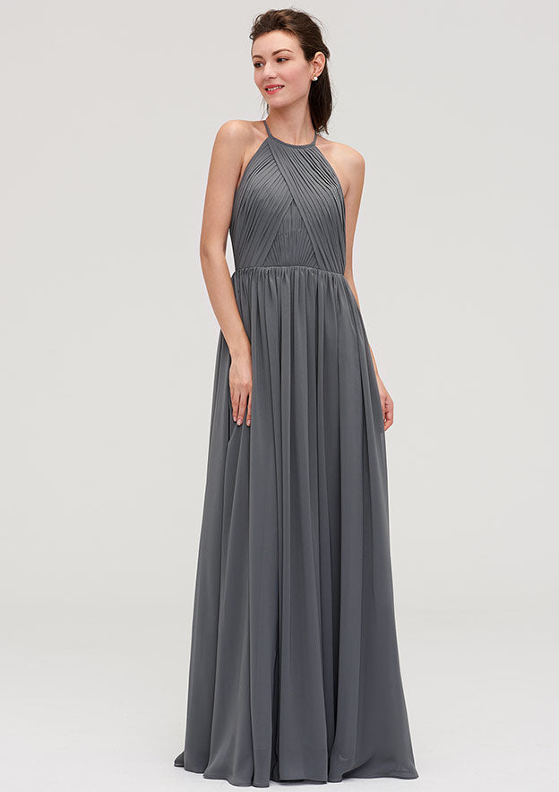Floor-Length Chiffon Bridesmaid Dress, A-Line/Princess Cut, Halter Neck, Sleeveless, With Pleats BM bride