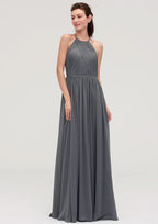 Floor-Length Chiffon Bridesmaid Dress, A-Line/Princess Cut, Halter Neck, Sleeveless, With Pleats BM bride