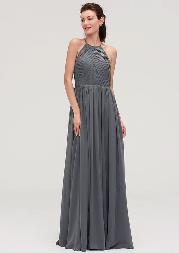 Floor-Length Chiffon Bridesmaid Dress, A-Line/Princess Cut, Halter Neck, Sleeveless, With Pleats BM bride