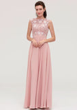 A-Line/Princess Floor-Length Sleeveless Chiffon Bridesmaid Dress, Bateau Neck With Sashes And Appliqued BM bride