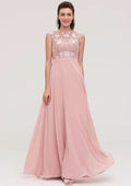 A-Line/Princess Floor-Length Sleeveless Chiffon Bridesmaid Dress, Bateau Neck With Sashes And Appliqued BM bride