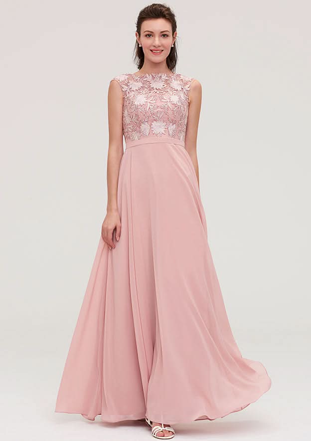 A-Line/Princess Floor-Length Sleeveless Chiffon Bridesmaid Dress, Bateau Neck With Sashes And Appliqued BM bride