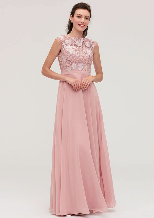 A-Line/Princess Floor-Length Sleeveless Chiffon Bridesmaid Dress, Bateau Neck With Sashes And Appliqued BM bride