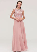 A-Line/Princess Floor-Length Sleeveless Chiffon Bridesmaid Dress, Bateau Neck With Sashes And Appliqued BM bride