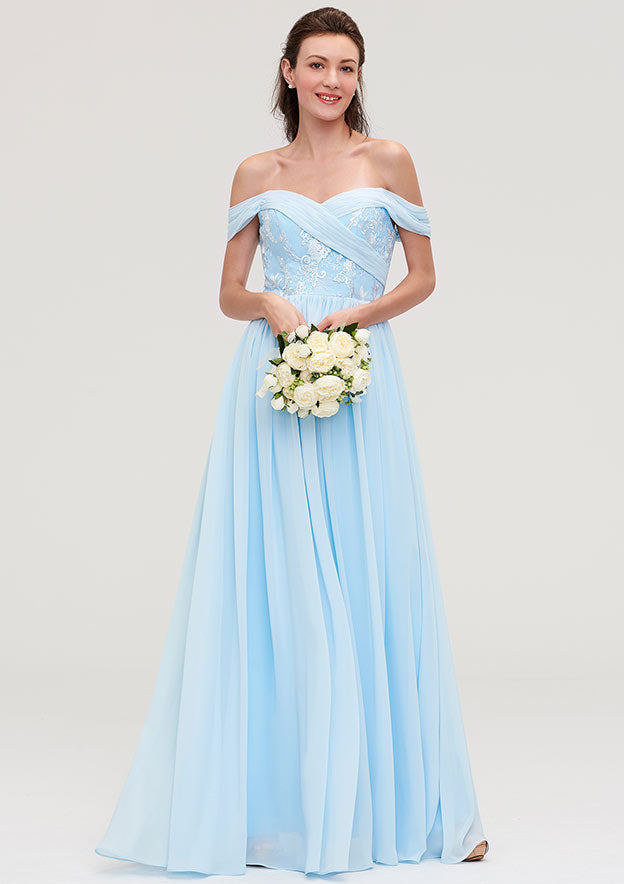 Floor-Length Chiffon Bridesmaid Dress, A-Line/Princess Cut, Off-The-Shoulder, Sleeveless, With Pleats And Applique BM bride