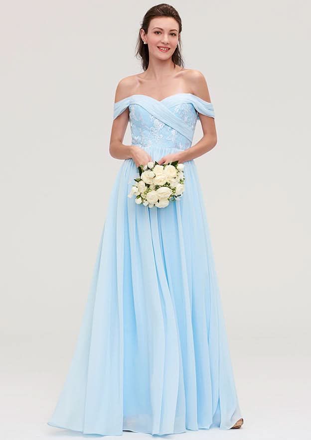 Floor-Length Chiffon Bridesmaid Dress, A-Line/Princess Cut, Off-The-Shoulder, Sleeveless, With Pleats And Applique BM bride