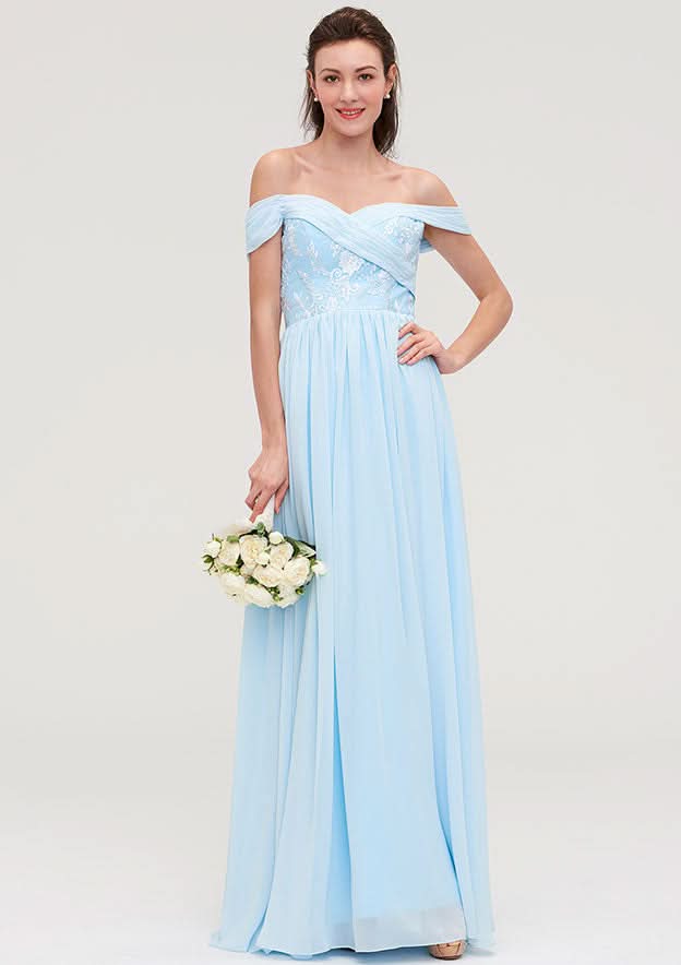 Floor-Length Chiffon Bridesmaid Dress, A-Line/Princess Cut, Off-The-Shoulder, Sleeveless, With Pleats And Applique BM bride