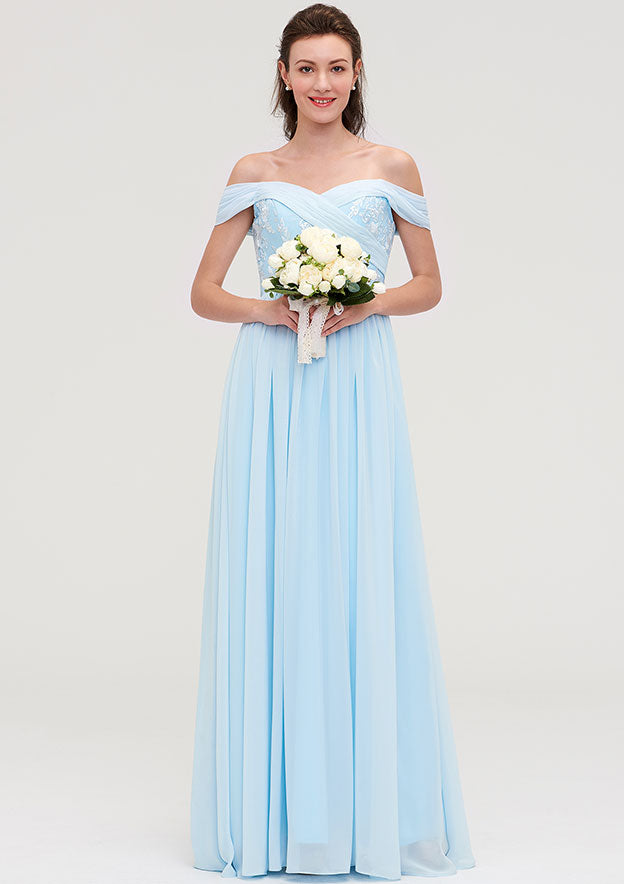 Floor-Length Chiffon Bridesmaid Dress, A-Line/Princess Cut, Off-The-Shoulder, Sleeveless, With Pleats And Applique BM bride