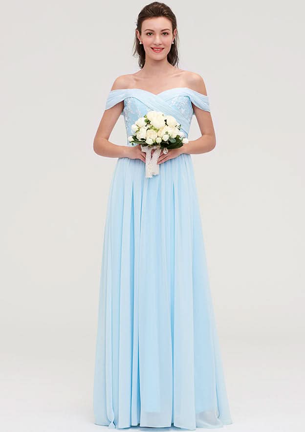 Floor-Length Chiffon Bridesmaid Dress, A-Line/Princess Cut, Off-The-Shoulder, Sleeveless, With Pleats And Applique BM bride