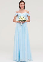 Floor-Length Chiffon Bridesmaid Dress, A-Line/Princess Cut, Off-The-Shoulder, Sleeveless, With Pleats And Applique BM bride