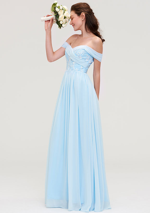 Floor-Length Chiffon Bridesmaid Dress, A-Line/Princess Cut, Off-The-Shoulder, Sleeveless, With Pleats And Applique BM bride