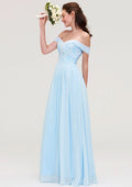 Floor-Length Chiffon Bridesmaid Dress, A-Line/Princess Cut, Off-The-Shoulder, Sleeveless, With Pleats And Applique BM bride