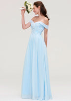 Floor-Length Chiffon Bridesmaid Dress, A-Line/Princess Cut, Off-The-Shoulder, Sleeveless, With Pleats And Applique BM bride