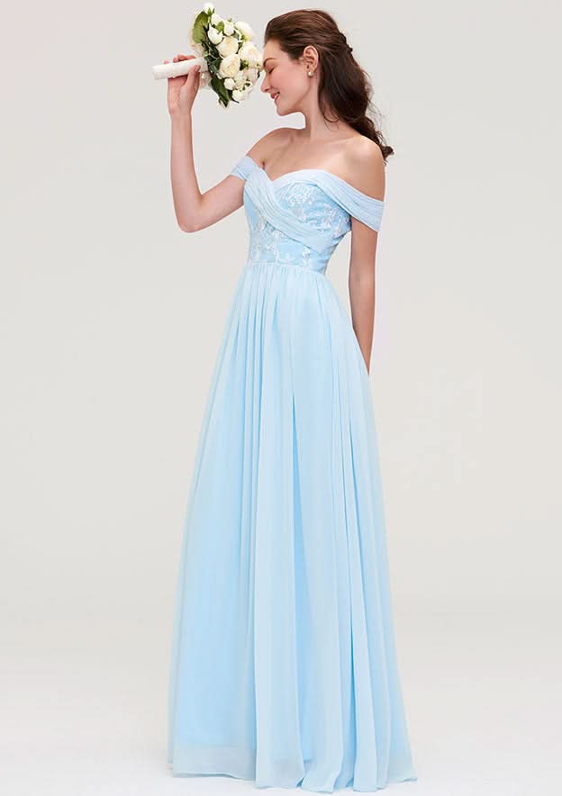 Floor-Length Chiffon Bridesmaid Dress, A-Line/Princess Cut, Off-The-Shoulder, Sleeveless, With Pleats And Applique BM bride