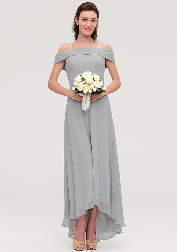 Floor-Length Asymmetrical Chiffon Bridesmaid Dress, A-Line/Princess Style, Off-The-Shoulder, Sleeveless BM bride