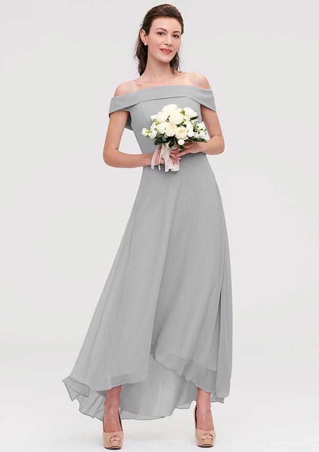 Floor-Length Asymmetrical Chiffon Bridesmaid Dress, A-Line/Princess Style, Off-The-Shoulder, Sleeveless BM bride