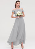 Floor-Length Asymmetrical Chiffon Bridesmaid Dress, A-Line/Princess Style, Off-The-Shoulder, Sleeveless BM bride