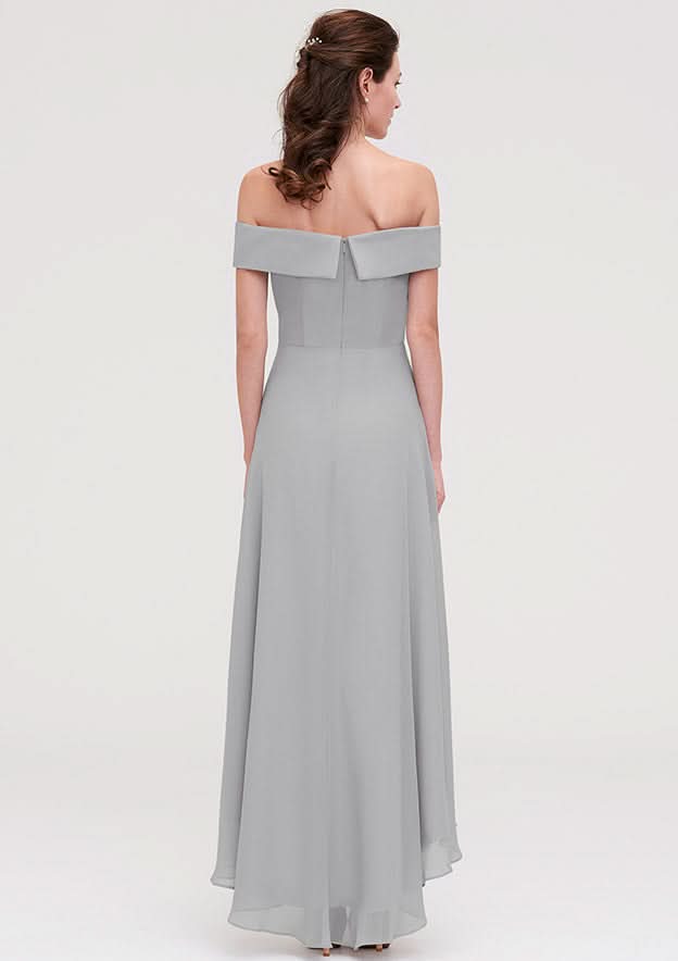 Floor-Length Asymmetrical Chiffon Bridesmaid Dress, A-Line/Princess Style, Off-The-Shoulder, Sleeveless BM bride