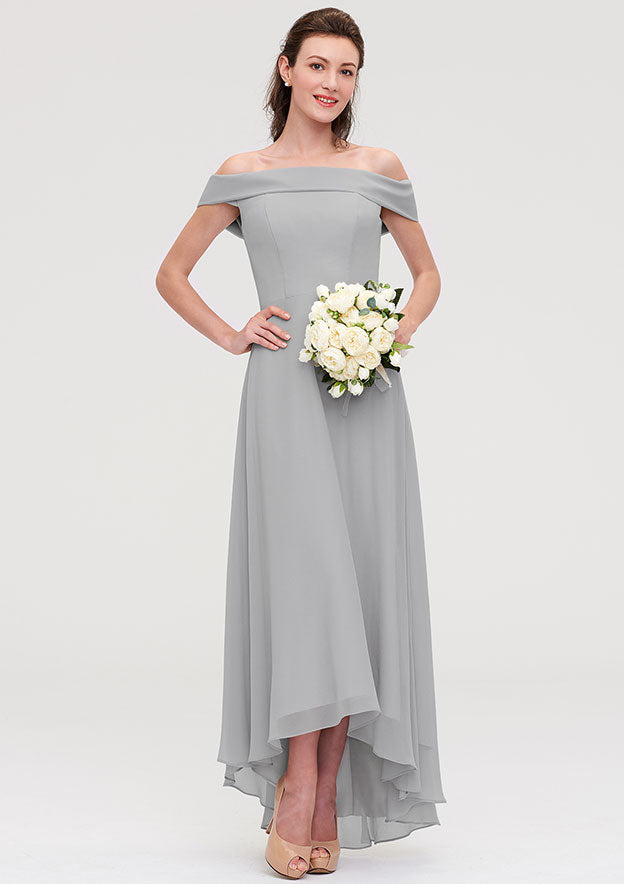 Floor-Length Asymmetrical Chiffon Bridesmaid Dress, A-Line/Princess Style, Off-The-Shoulder, Sleeveless BM bride