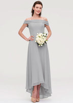 Floor-Length Asymmetrical Chiffon Bridesmaid Dress, A-Line/Princess Style, Off-The-Shoulder, Sleeveless BM bride