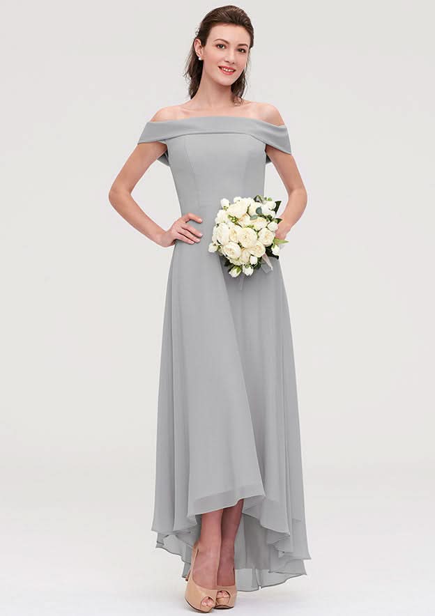 Floor-Length Asymmetrical Chiffon Bridesmaid Dress, A-Line/Princess Style, Off-The-Shoulder, Sleeveless BM bride