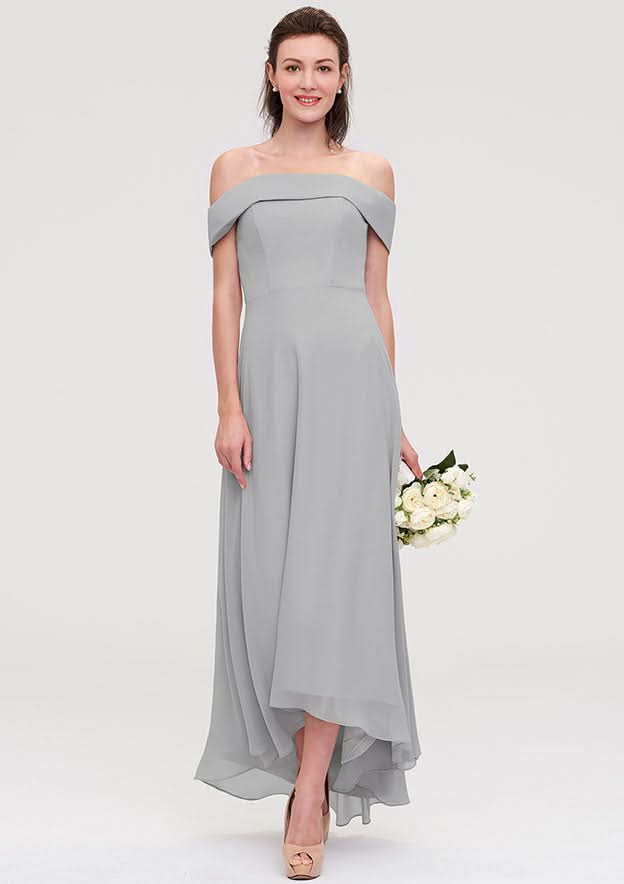 Floor-Length Asymmetrical Chiffon Bridesmaid Dress, A-Line/Princess Style, Off-The-Shoulder, Sleeveless BM bride