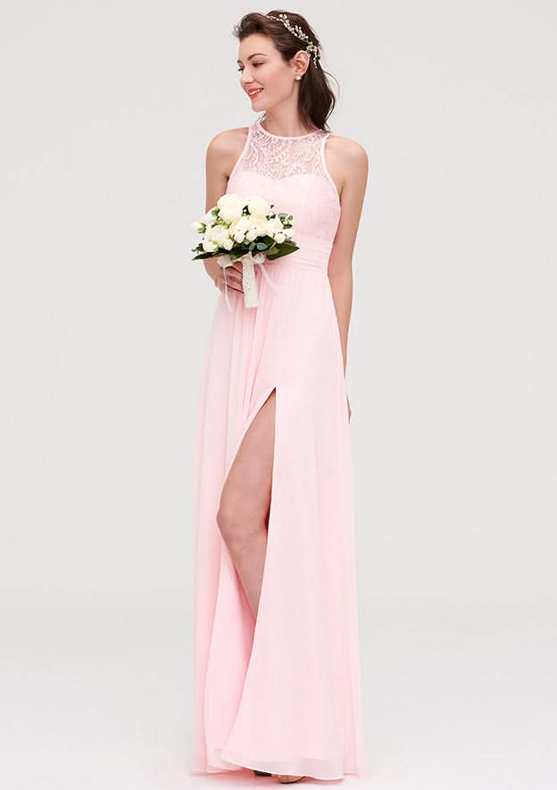 A-Line/Princess Floor-Length Sleeveless Chiffon Bridesmaid Dress, Scoop Neck With Lace And Split BM bride