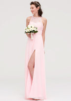 A-Line/Princess Floor-Length Sleeveless Chiffon Bridesmaid Dress, Scoop Neck With Lace And Split BM bride