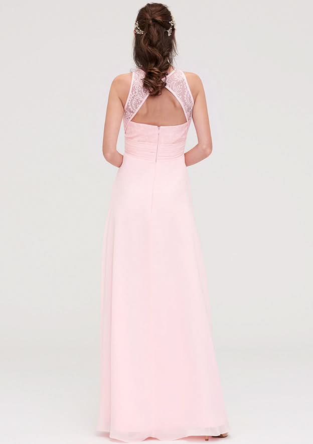A-Line/Princess Floor-Length Sleeveless Chiffon Bridesmaid Dress, Scoop Neck With Lace And Split BM bride