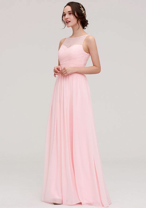 A-Line/Princess Floor-Length Sleeveless Chiffon Bridesmaid Dress, Bateau Neck With Lace And Pleats BM bride