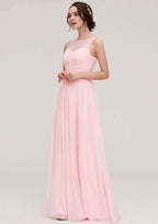A-Line/Princess Floor-Length Sleeveless Chiffon Bridesmaid Dress, Bateau Neck With Lace And Pleats BM bride