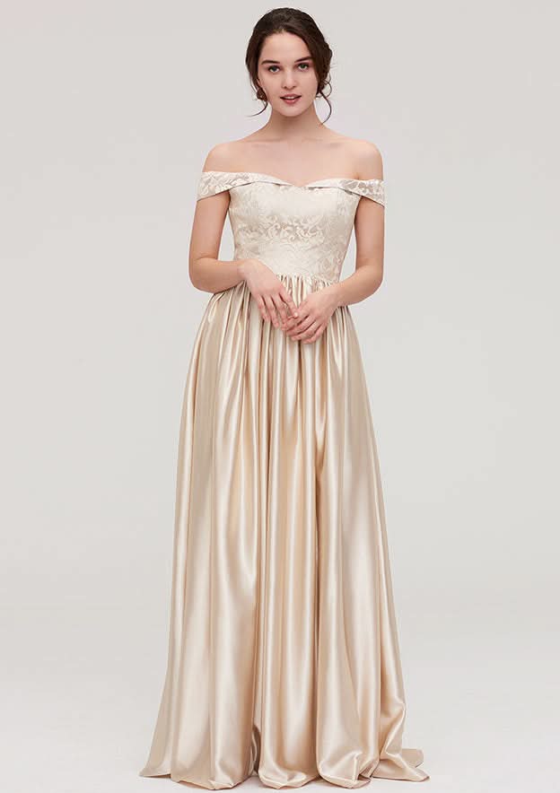 Floor-Length Charmeuse Bridesmaid Dress, A-Line/Princess Shape, Off-The-Shoulder, Sleeveless, With Applique BM bride