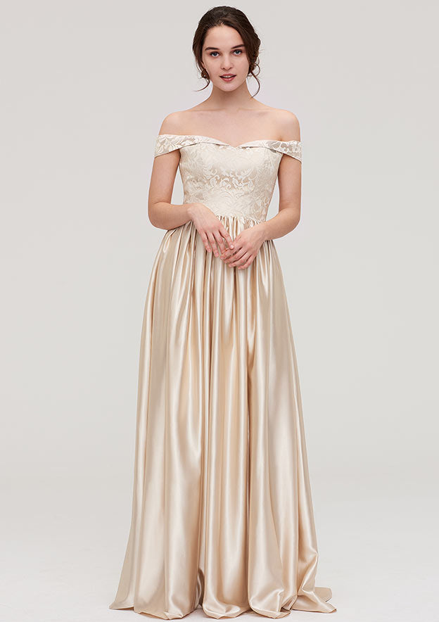 Floor-Length Charmeuse Bridesmaid Dress, A-Line/Princess Shape, Off-The-Shoulder, Sleeveless, With Applique BM bride