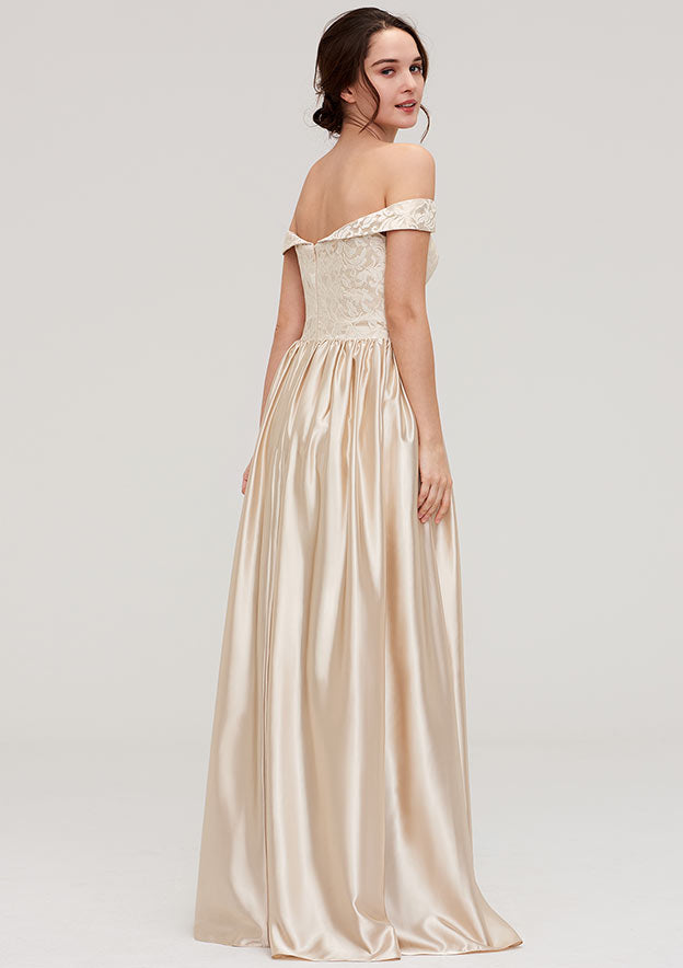 Floor-Length Charmeuse Bridesmaid Dress, A-Line/Princess Shape, Off-The-Shoulder, Sleeveless, With Applique BM bride