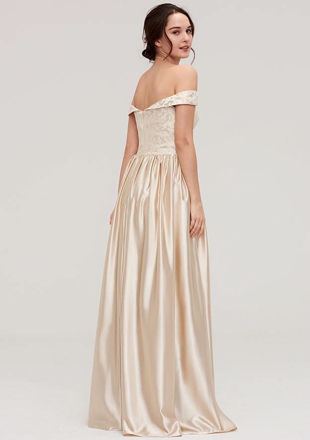 Floor-Length Charmeuse Bridesmaid Dress, A-Line/Princess Shape, Off-The-Shoulder, Sleeveless, With Applique BM bride