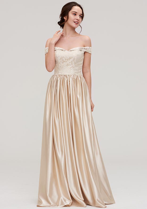 Floor-Length Charmeuse Bridesmaid Dress, A-Line/Princess Shape, Off-The-Shoulder, Sleeveless, With Applique BM bride