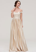 Floor-Length Charmeuse Bridesmaid Dress, A-Line/Princess Shape, Off-The-Shoulder, Sleeveless, With Applique BM bride