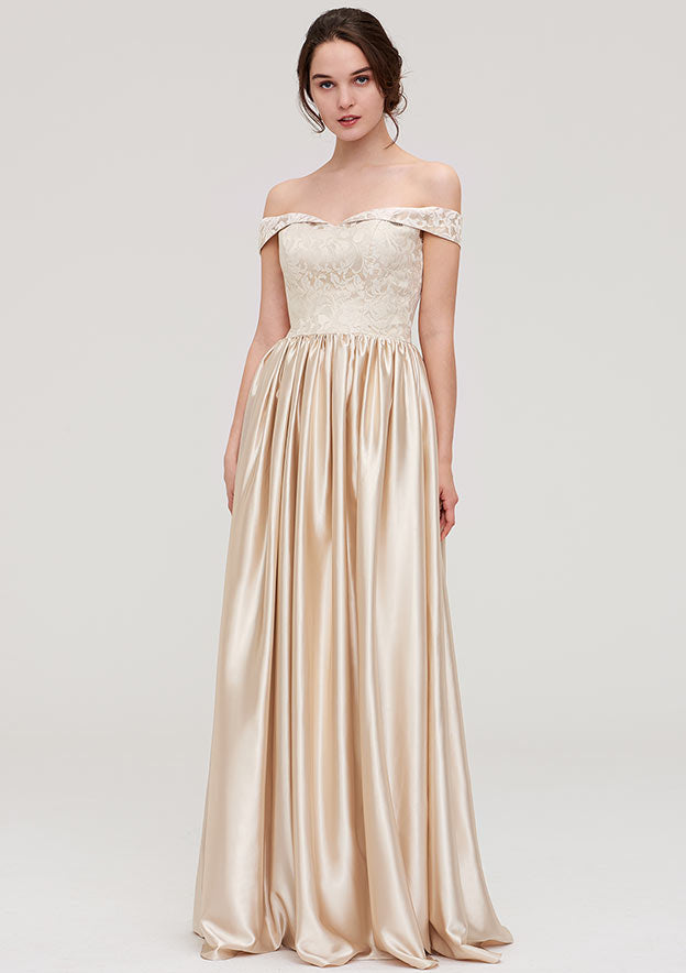 Floor-Length Charmeuse Bridesmaid Dress, A-Line/Princess Shape, Off-The-Shoulder, Sleeveless, With Applique BM bride