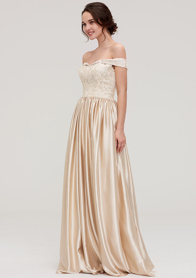 Floor-Length Charmeuse Bridesmaid Dress, A-Line/Princess Shape, Off-The-Shoulder, Sleeveless, With Applique BM bride