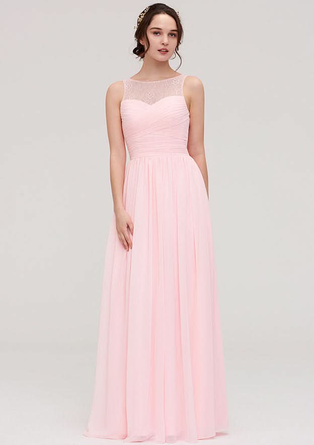 A-Line/Princess Floor-Length Sleeveless Chiffon Bridesmaid Dress, Bateau Neck With Lace And Pleats BM bride