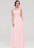 A-Line/Princess Floor-Length Sleeveless Chiffon Bridesmaid Dress, Bateau Neck With Lace And Pleats BM bride