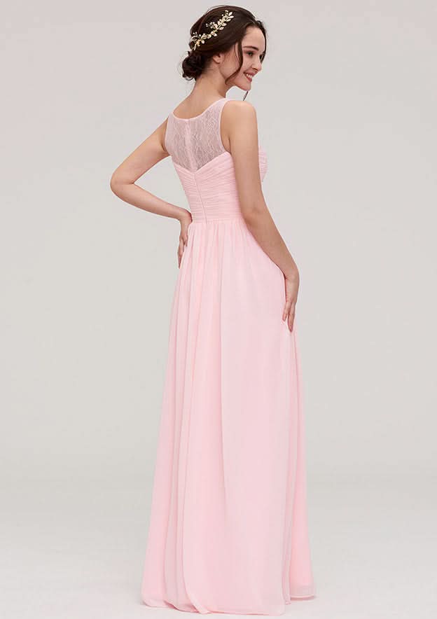 A-Line/Princess Floor-Length Sleeveless Chiffon Bridesmaid Dress, Bateau Neck With Lace And Pleats BM bride