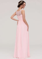 A-Line/Princess Floor-Length Sleeveless Chiffon Bridesmaid Dress, Bateau Neck With Lace And Pleats BM bride