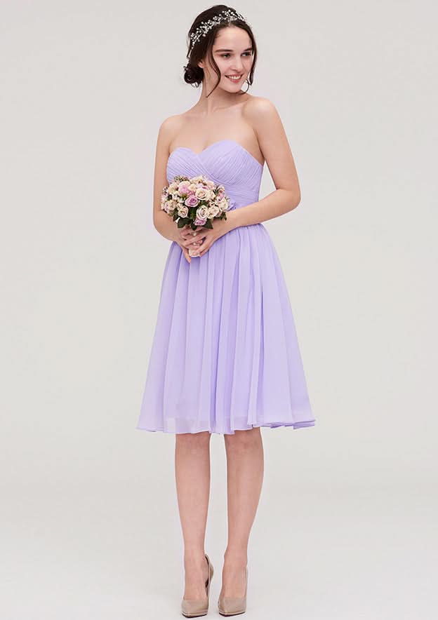Knee-Length Chiffon Bridesmaid Dress, A-Line/Princess Shape, Sweetheart Neck, Sleeveless, With Pleats And Flowers BM bride