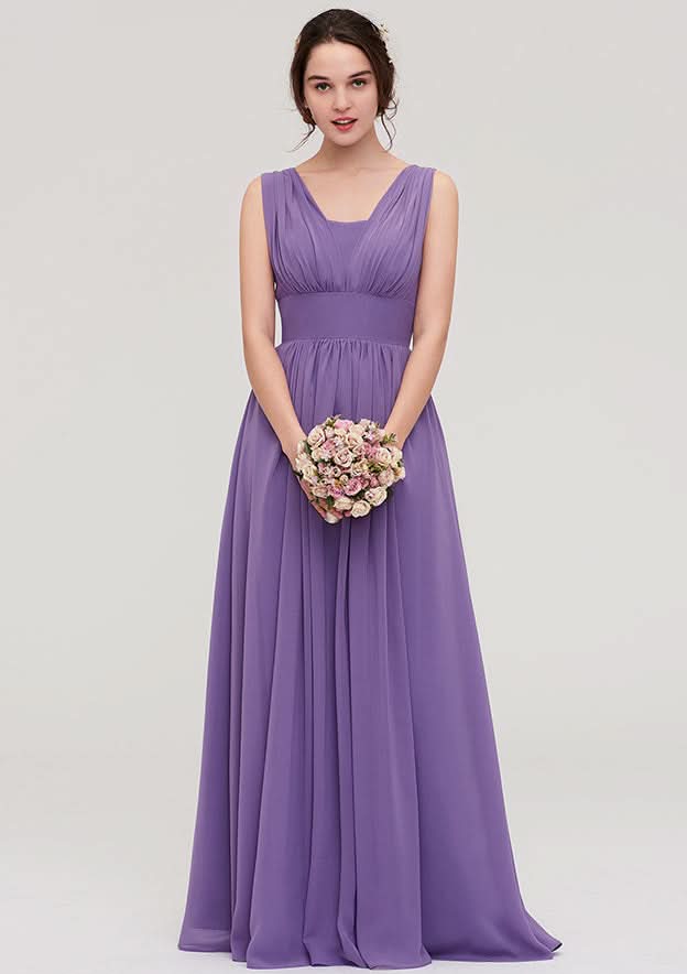 Floor-Length Scalloped Neck Sleeveless Chiffon Bridesmaid Dress With Pleats BM bride