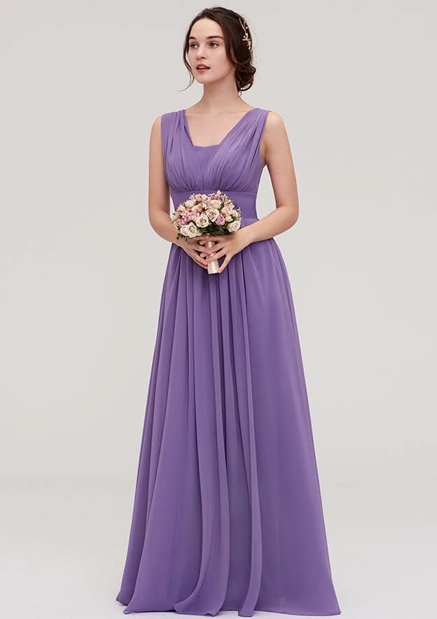 Floor-Length Scalloped Neck Sleeveless Chiffon Bridesmaid Dress With Pleats BM bride