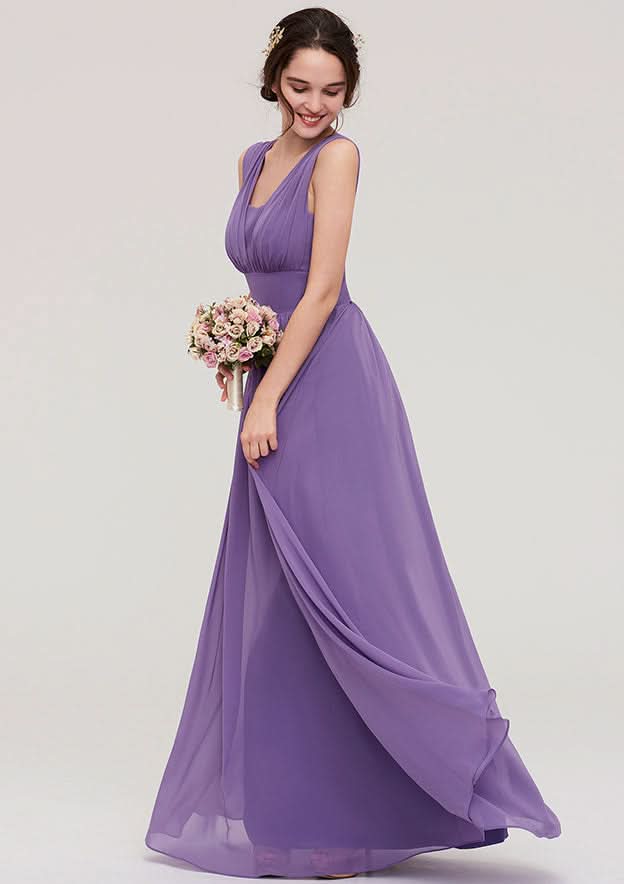 Floor-Length Scalloped Neck Sleeveless Chiffon Bridesmaid Dress With Pleats BM bride