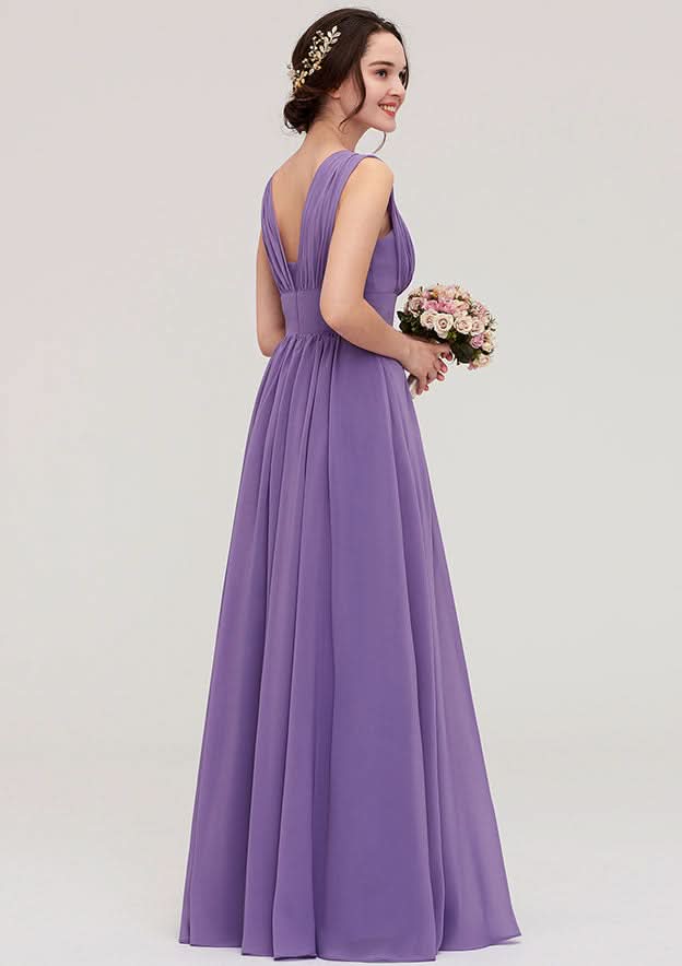 Floor-Length Scalloped Neck Sleeveless Chiffon Bridesmaid Dress With Pleats BM bride